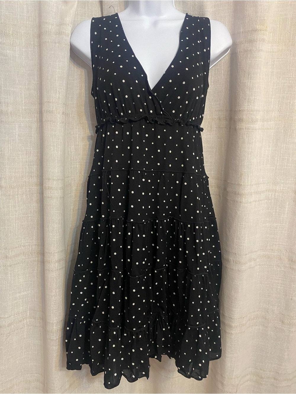 Black White Polka Dot Mesh Tiered Ruffle Empire Waist Sundress M